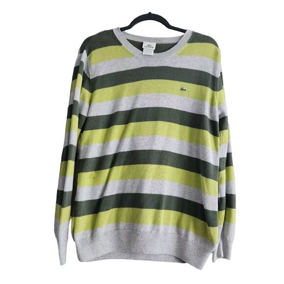 Lacoste Men's Crew Neck Gray & Green Striped 100% Cotton Sweater 46 - Picture 1 of 8